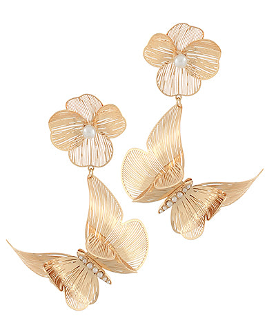 Gold Flower & Butterfly Drop Earrings