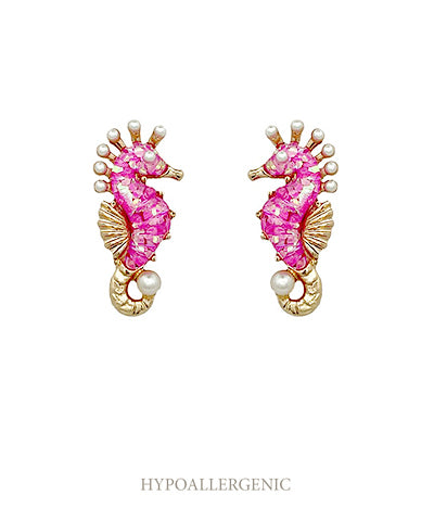 Pink Glitter Seahorse Earrings