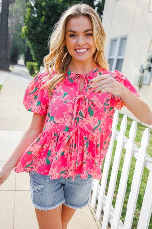 Pink Floral Print Woven Babydoll Top