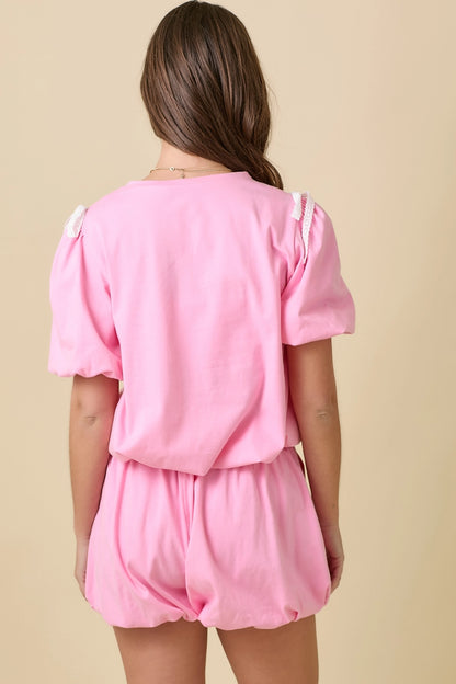 Pink Bubble Hem Cropped Top & Shorts Set