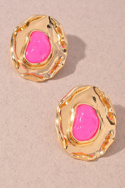 Fuchsia Stone & Molten Gold Earrings