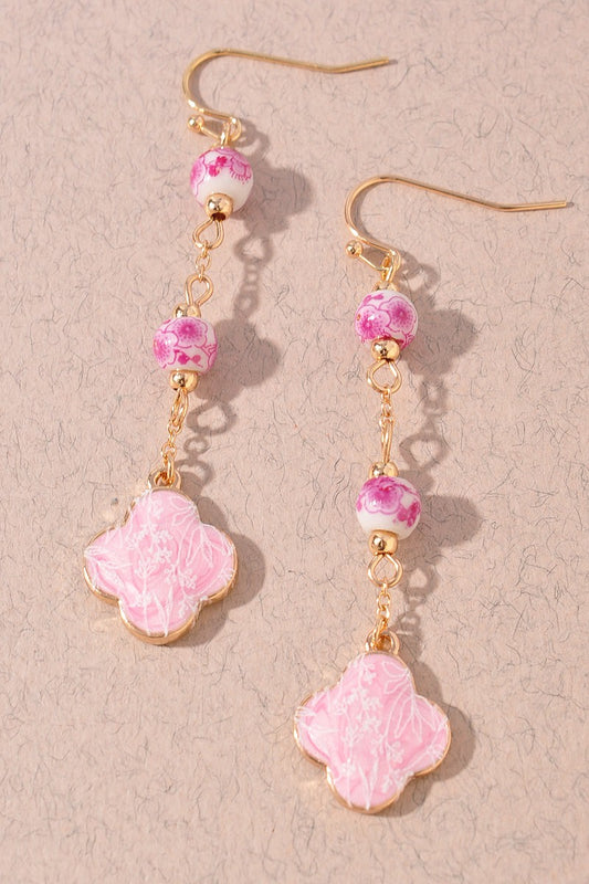 Pink Floral Porcelain Bead Drop Earrings