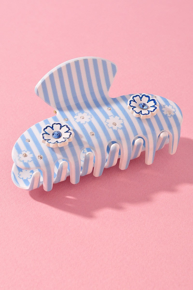 Blue & White Striped Floral Embellished Hair Clip