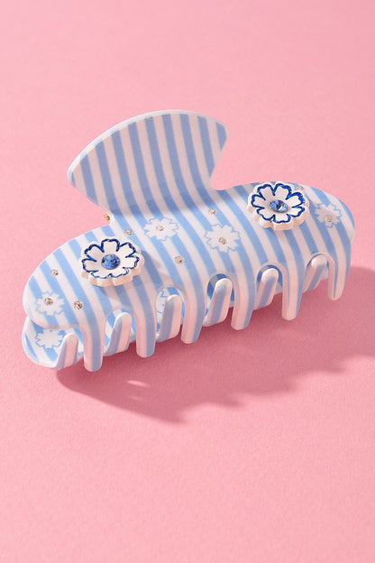 Blue & White Striped Floral Embellished Hair Clip