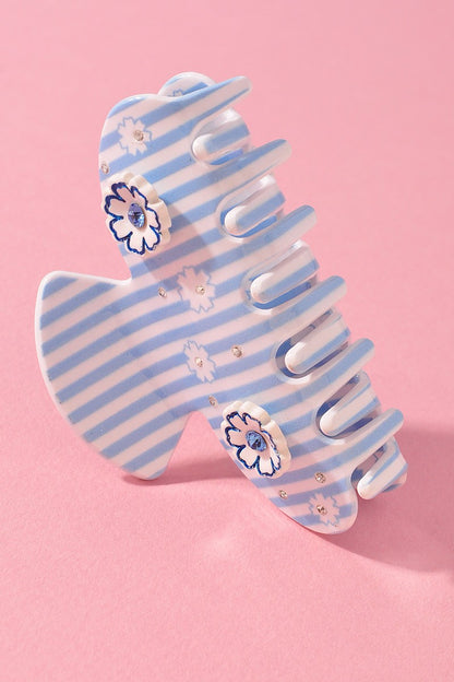 Blue & White Striped Floral Embellished Hair Clip