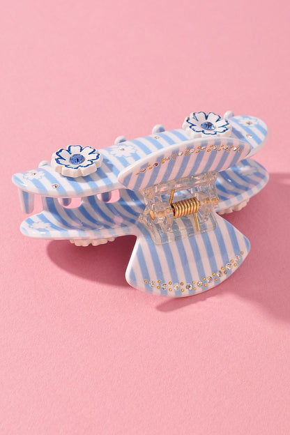 Blue & White Striped Floral Embellished Hair Clip