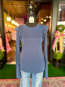 Navy Ruffled Long Sleeve Top