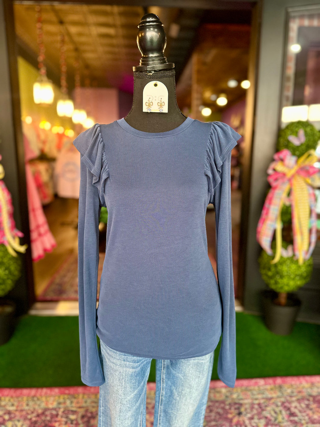 Navy Ruffled Long Sleeve Top