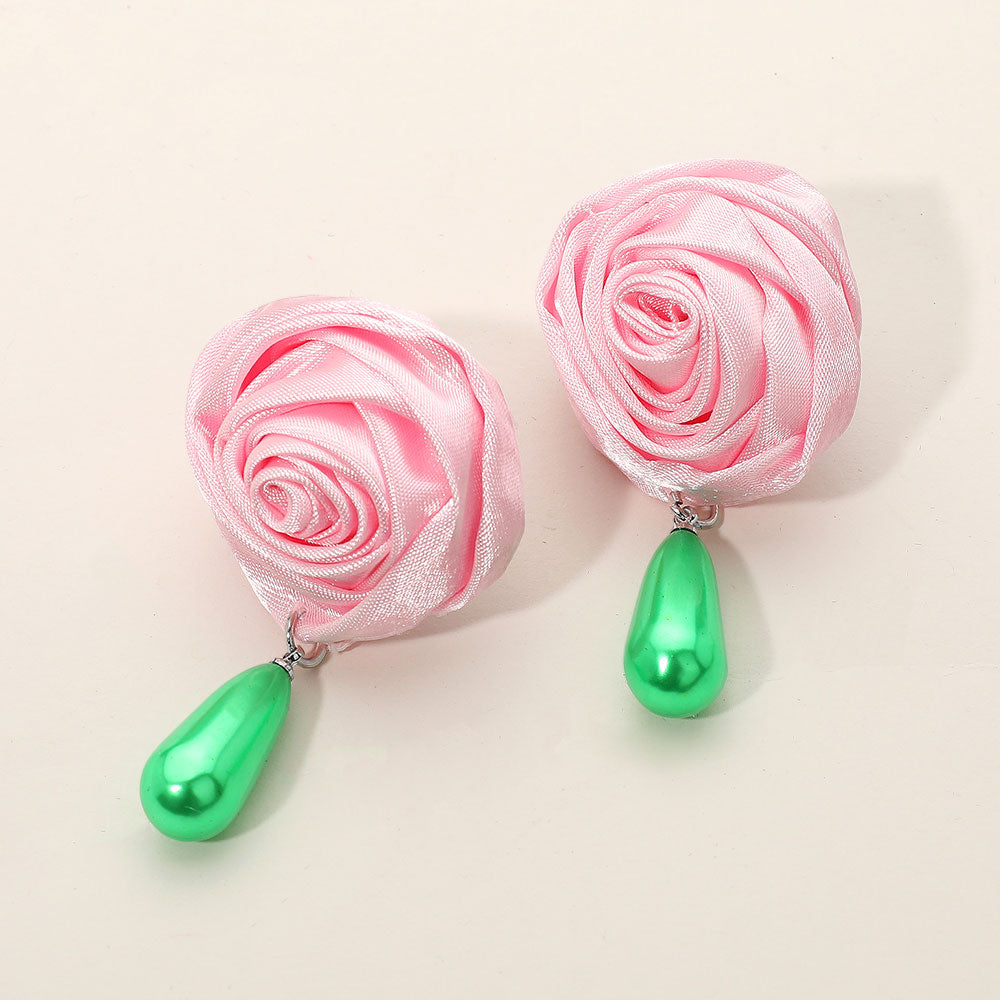 Light Pink Satin Rose & Teardrop Pearl Dangles