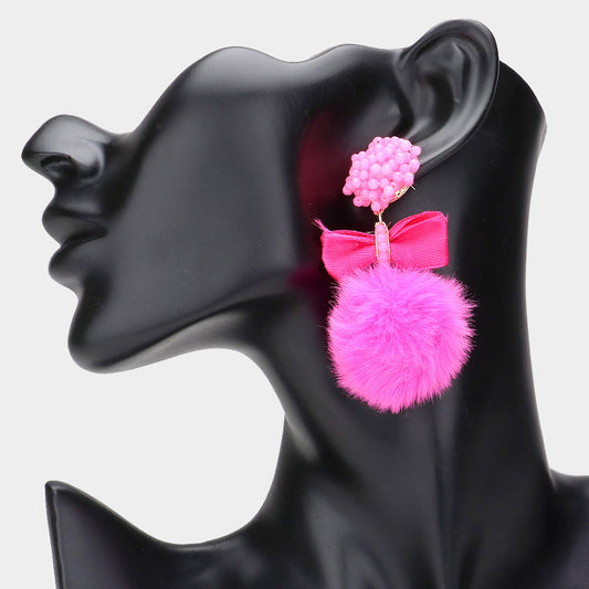 Fuchsia Bow & Pompom Dangle Earrings