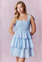 Load image into Gallery viewer, Light Blue Bow Printed Tiered Dress

