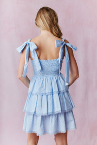 Light Blue Bow Printed Tiered Dress