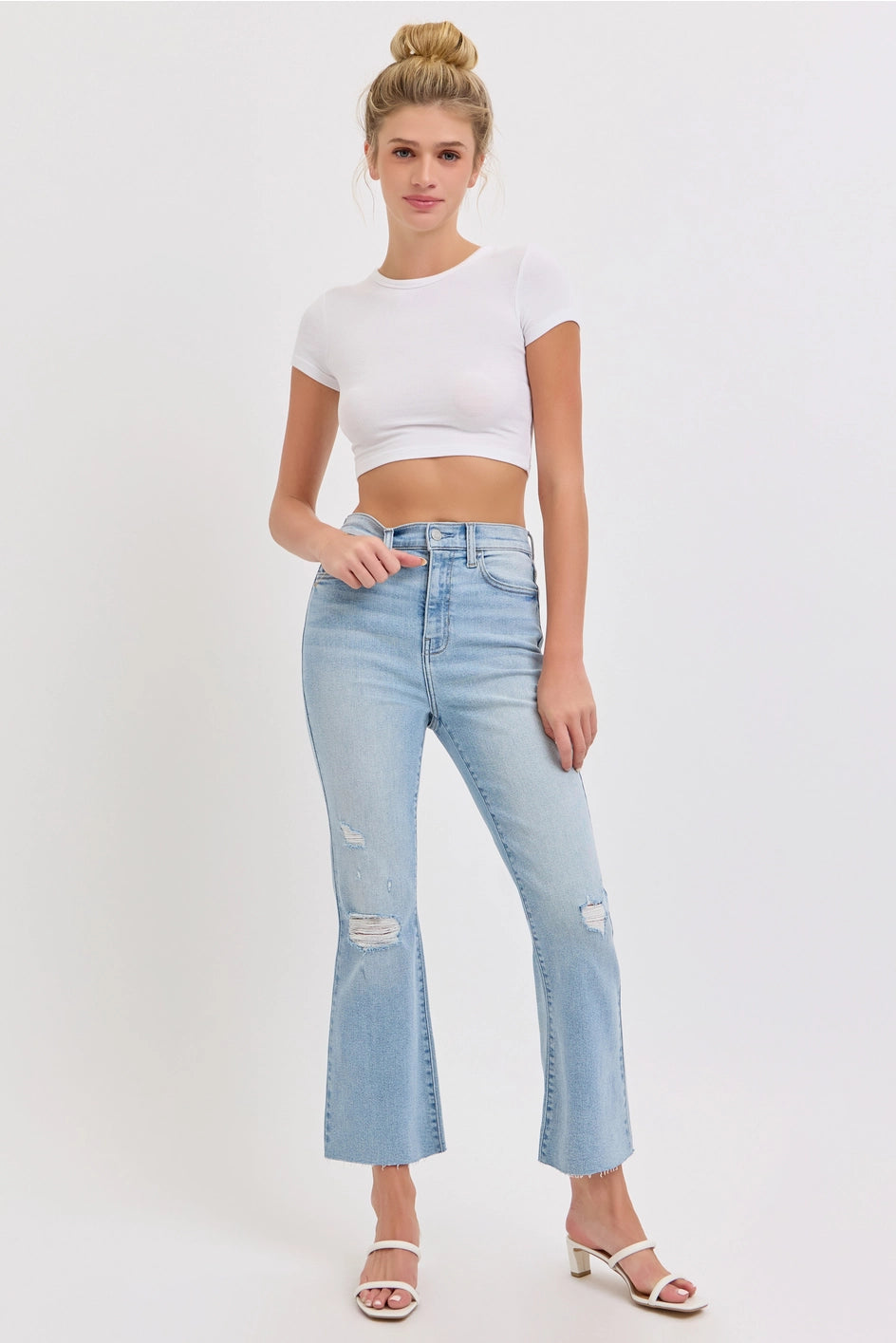Cello Light Wash High Rise Crop Flare Jeans
