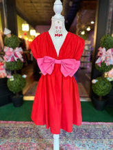 Load image into Gallery viewer, Red poplin Romper w/ Pink Ribbon Detail

