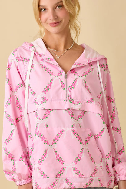 Pink Coquette Ribbon & Floral Print Windbreaker