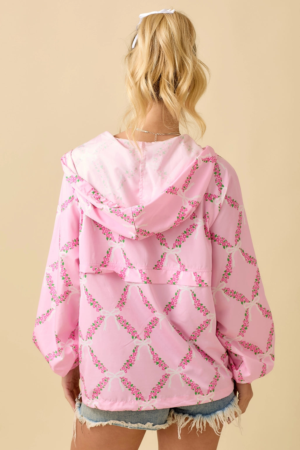 Pink Coquette Ribbon & Floral Print Windbreaker