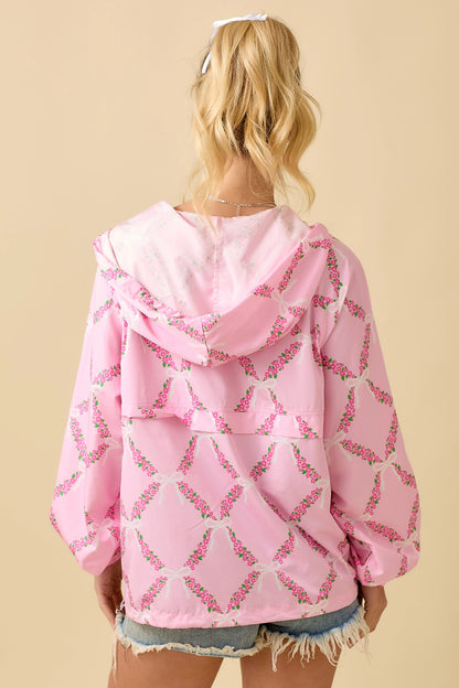 Pink Coquette Ribbon & Floral Print Windbreaker