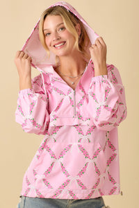 Pink Coquette Ribbon & Floral Print Windbreaker