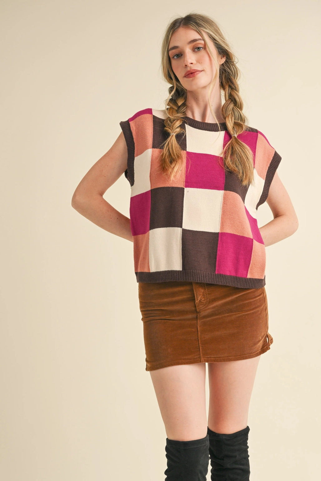 Multicolored Checkered Knit Sweater Vest
