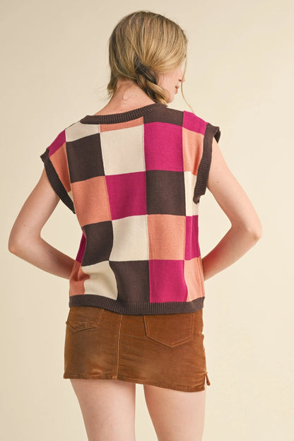 Multicolored Checkered Knit Sweater Vest