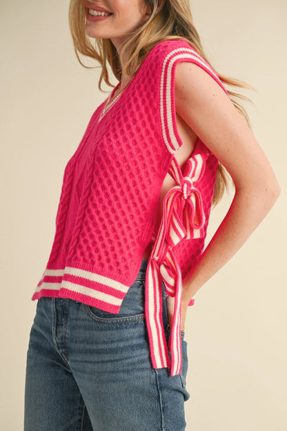 Fuchsia V-Neck Side Tying Sweater Vest