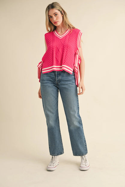 Fuchsia V-Neck Side Tying Sweater Vest