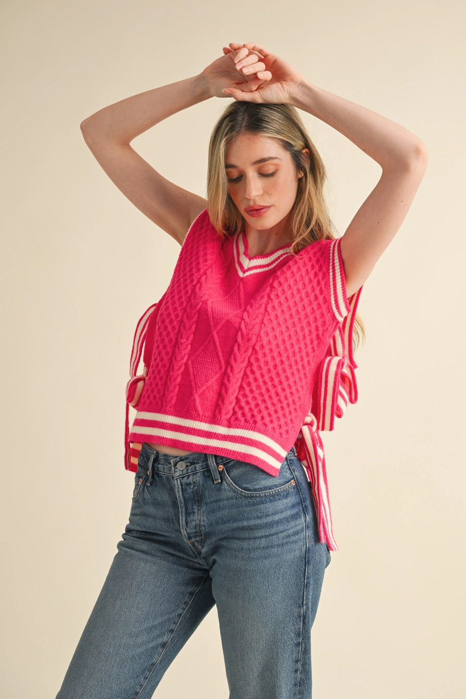 Fuchsia V-Neck Side Tying Sweater Vest