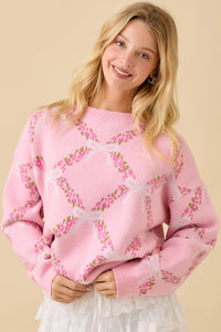 Pink Coquette Ribbon & Floral Print Sweater