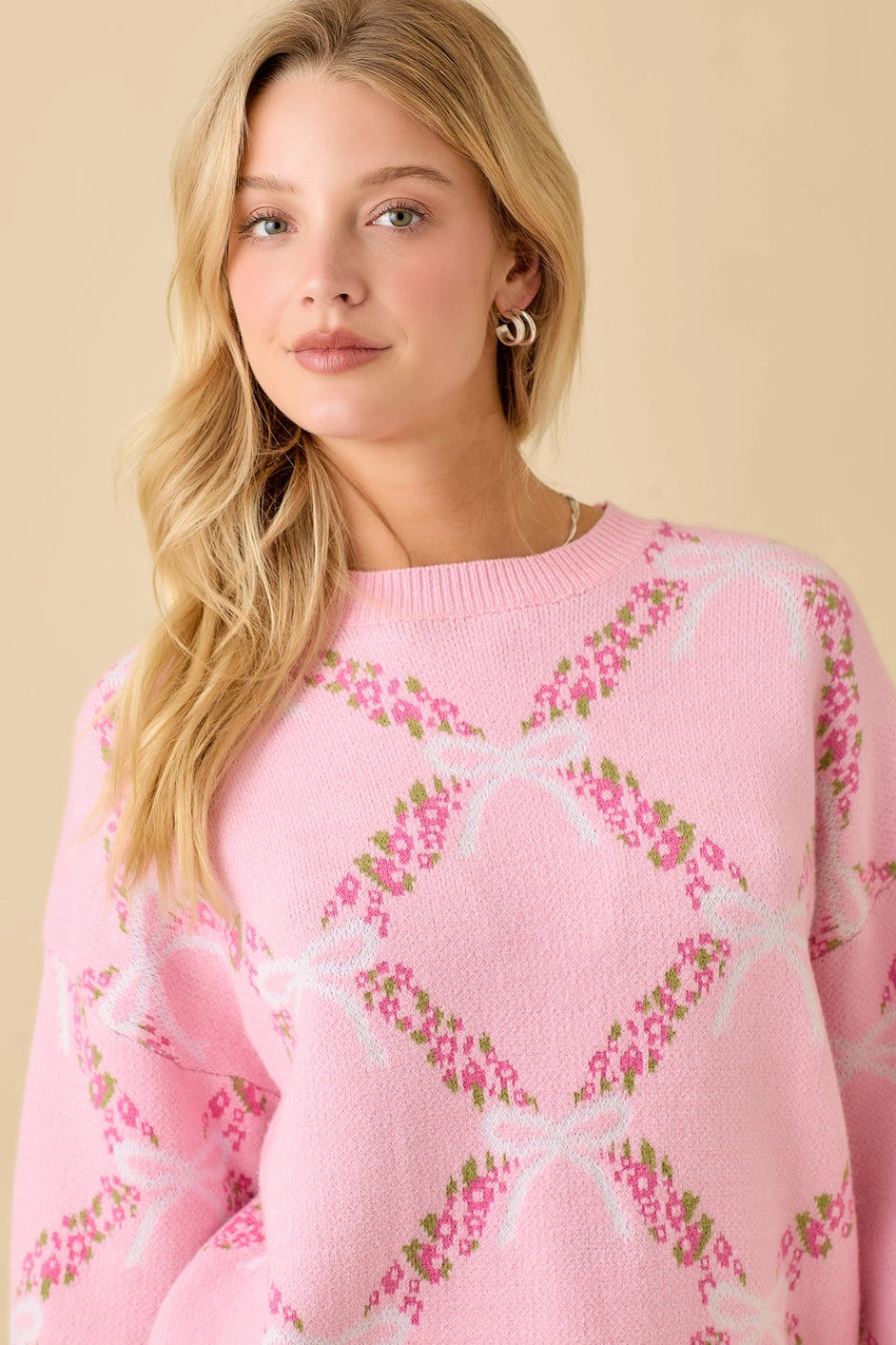 Pink Coquette Ribbon & Floral Print Sweater