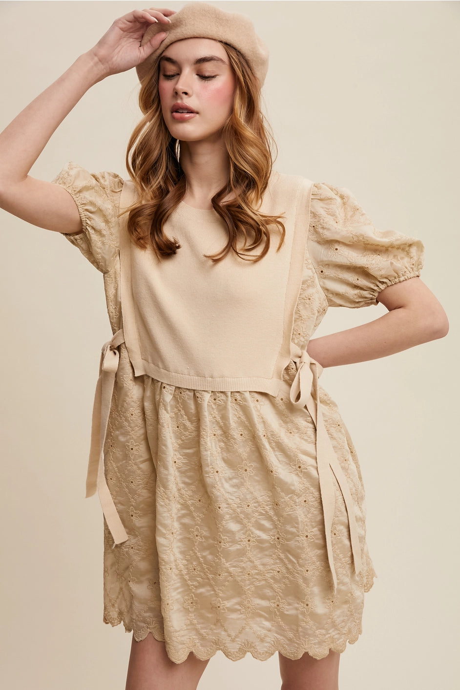 Embroidered Puff Sleeve Dress with Knit Vest