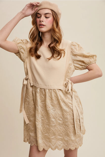 Embroidered Puff Sleeve Dress with Knit Vest