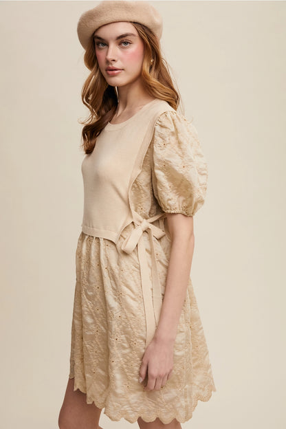 Embroidered Puff Sleeve Dress with Knit Vest