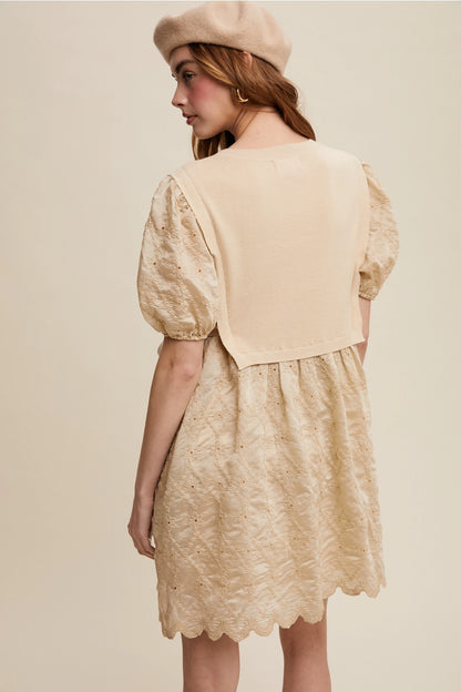 Embroidered Puff Sleeve Dress with Knit Vest