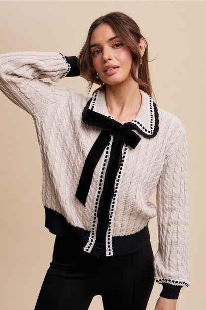 Cable Knit Cardigan with Velvet Bow Detail