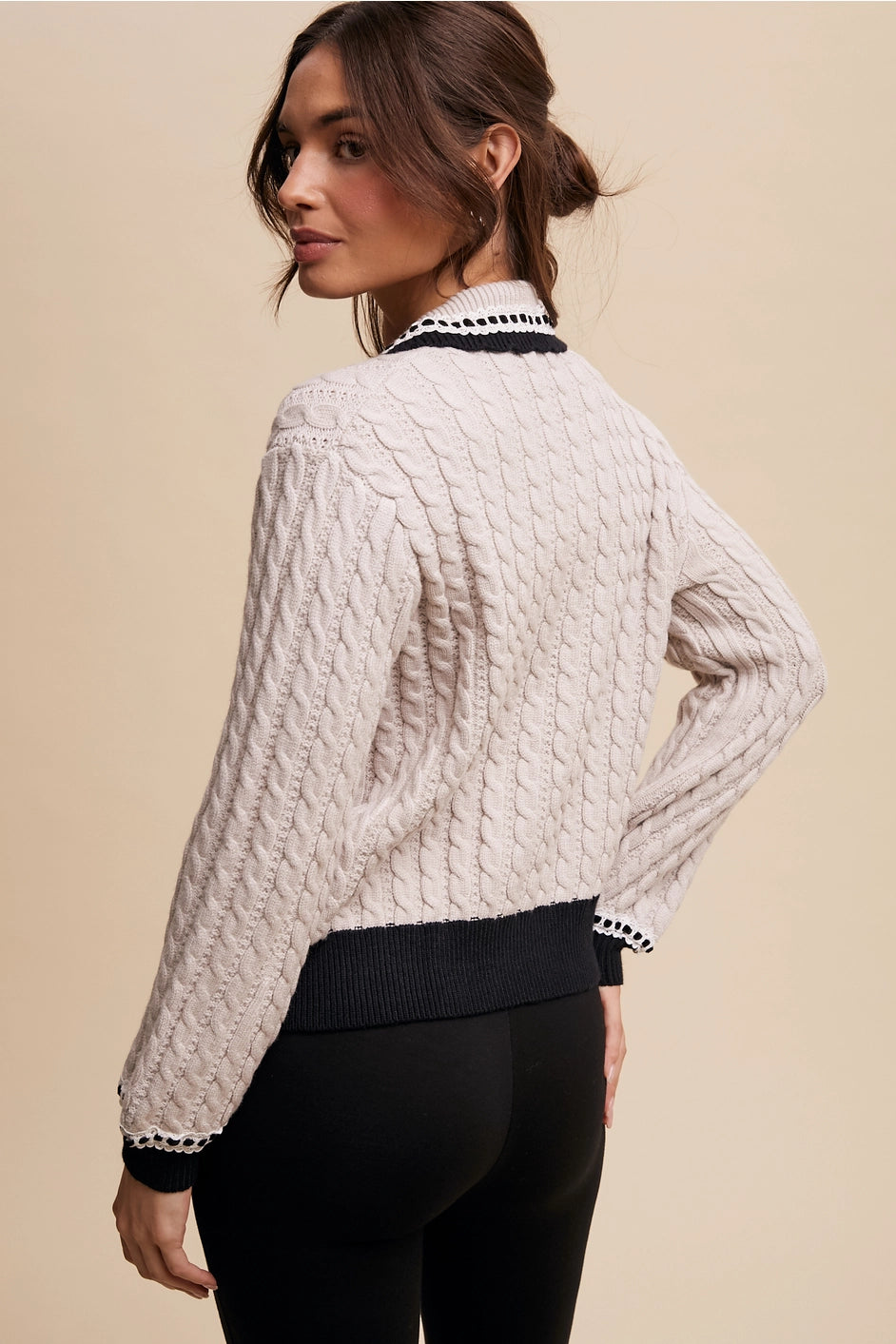 Cable Knit Cardigan with Velvet Bow Detail