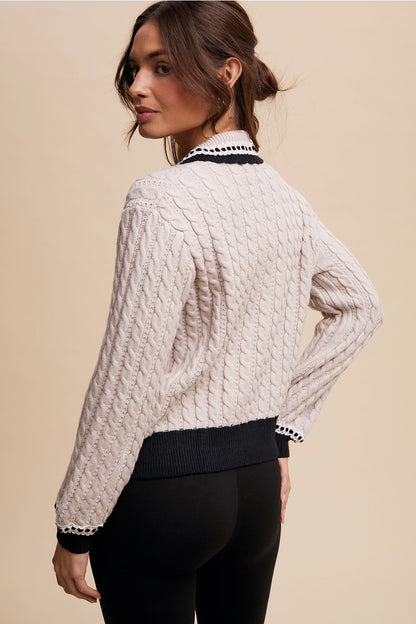 Cable Knit Cardigan with Velvet Bow Detail