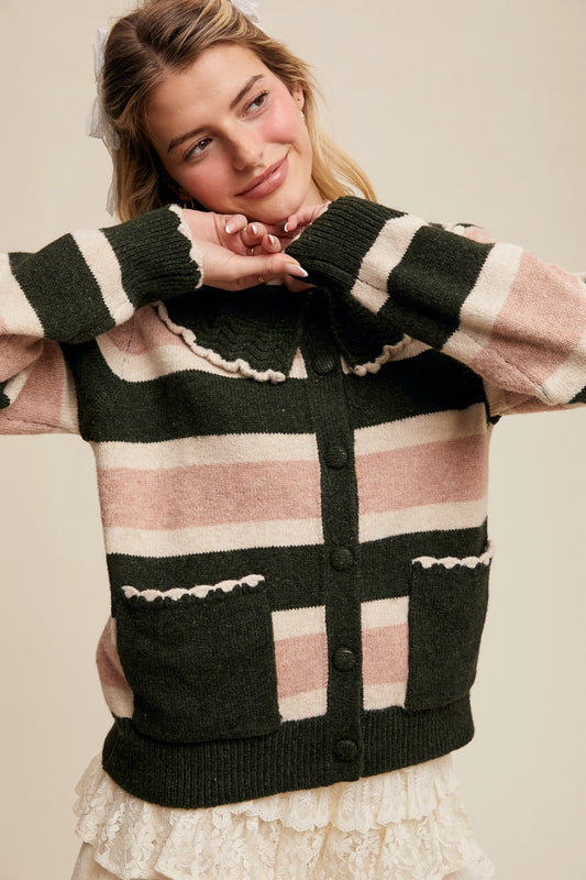 Collared Striped Knit Cardigan