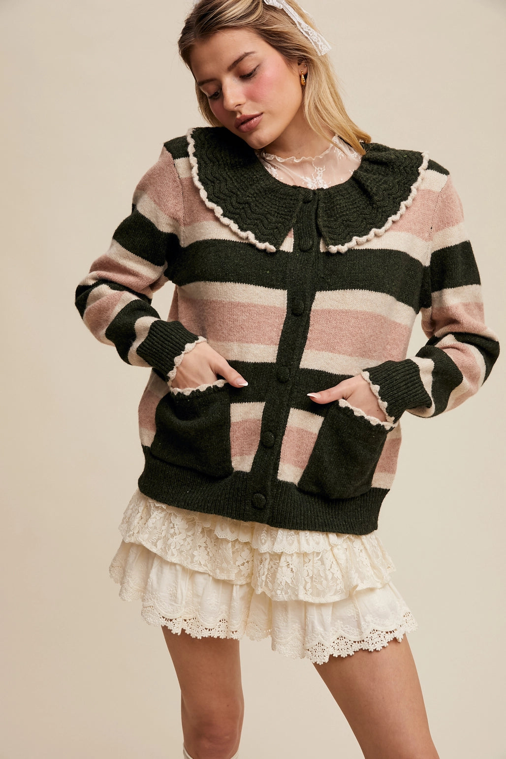 Collared Striped Knit Cardigan