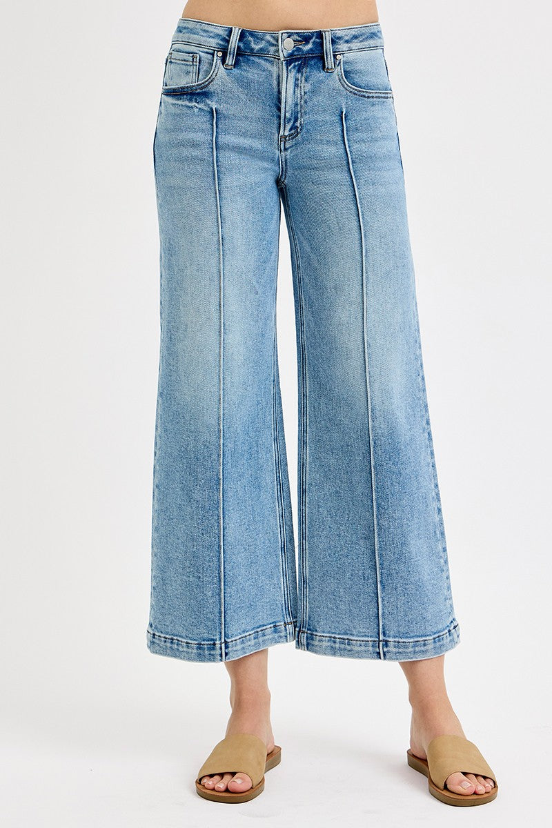 Risen Light Wash Mid Rise Cropped Wide Leg Jeans