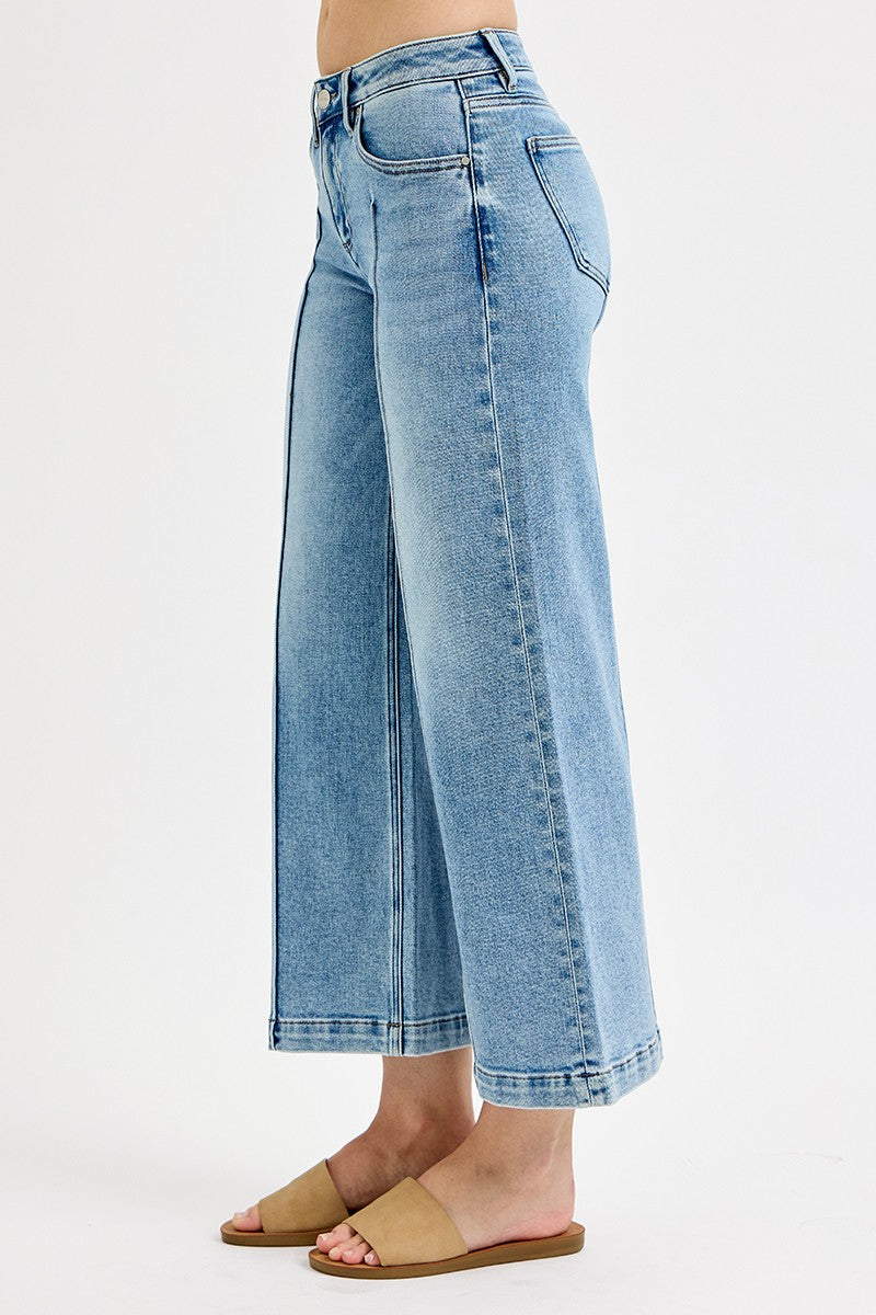 Risen Light Wash Mid Rise Cropped Wide Leg Jeans