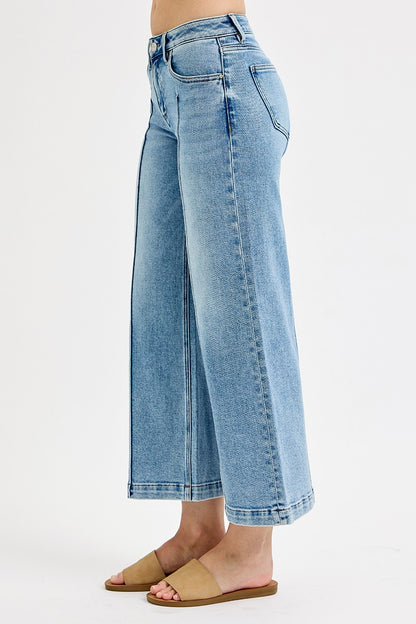 Risen Light Wash Mid Rise Cropped Wide Leg Jeans