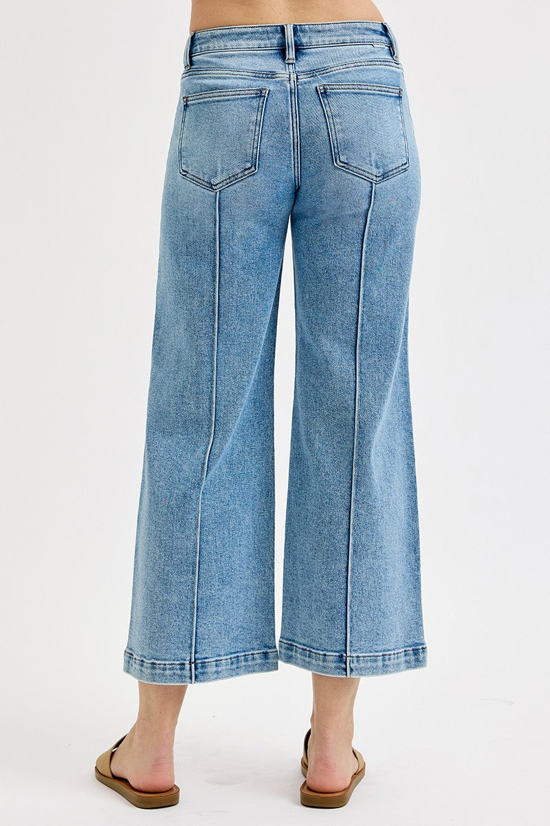 Risen Light Wash Mid Rise Cropped Wide Leg Jeans