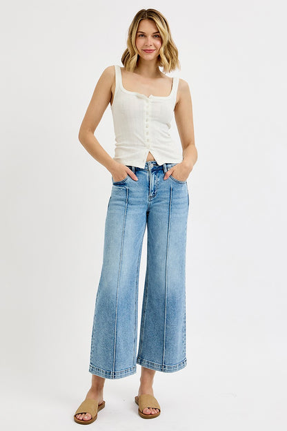 Risen Light Wash Mid Rise Cropped Wide Leg Jeans
