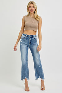 Risen Medium Wash High Rise Crop Straight Jeans