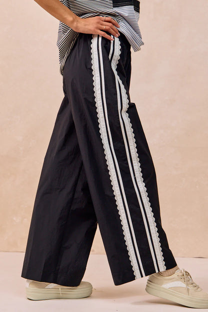Side Contrast & Lace Detailed Black Track Pants