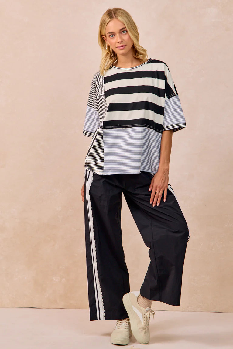 Side Contrast & Lace Detailed Black Track Pants