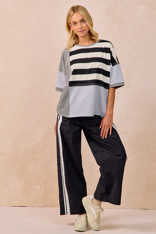 Side Contrast & Lace Detailed Black Track Pants