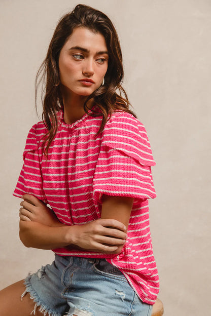 Neon Pink Striped Ruffled Neck Top