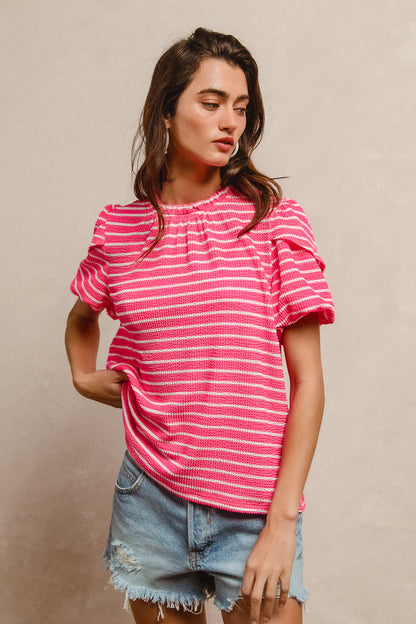 Neon Pink Striped Ruffled Neck Top