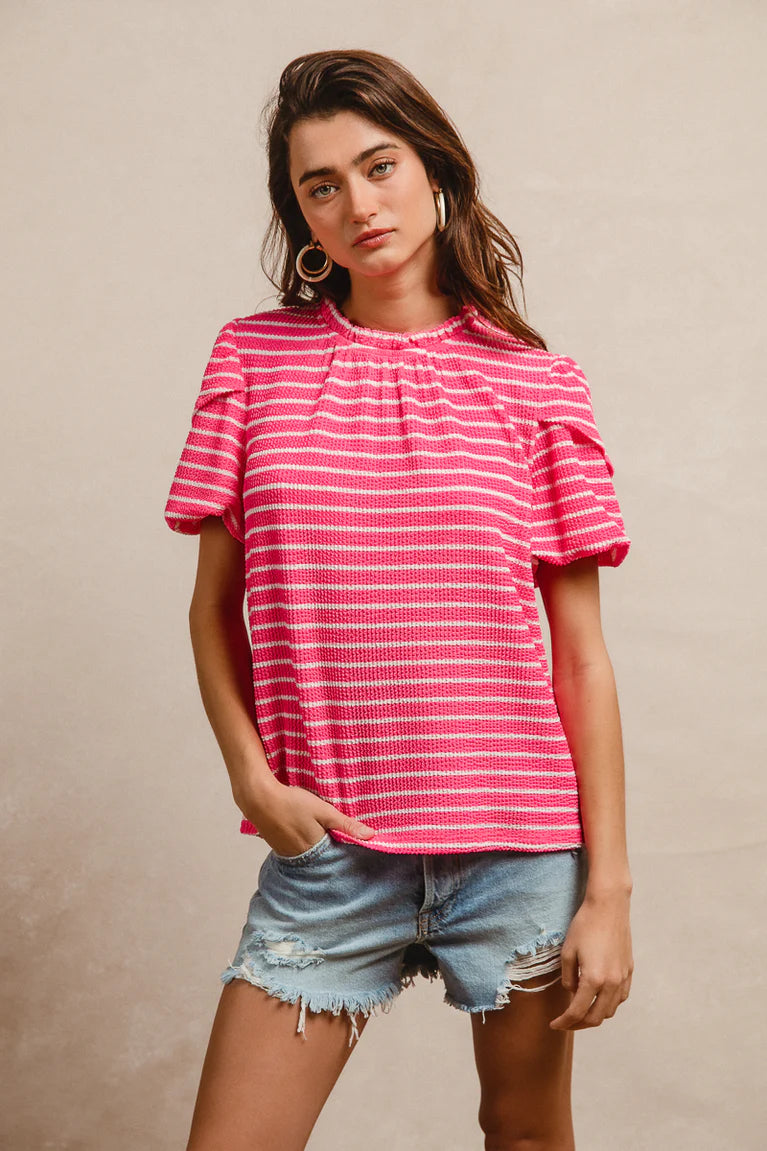 Neon Pink Striped Ruffled Neck Top